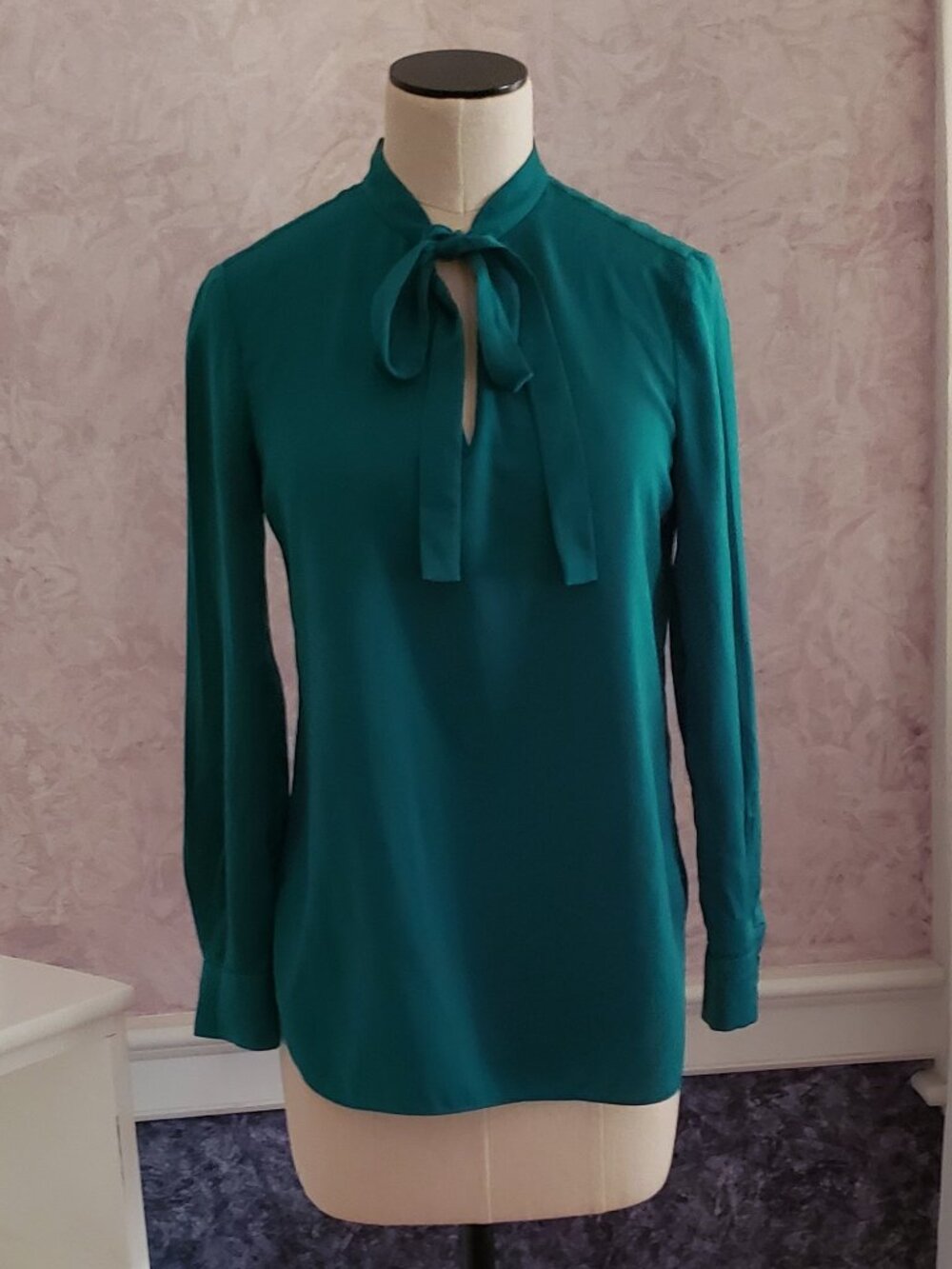 Retro Neck Tie front teal blue-green blouse XS